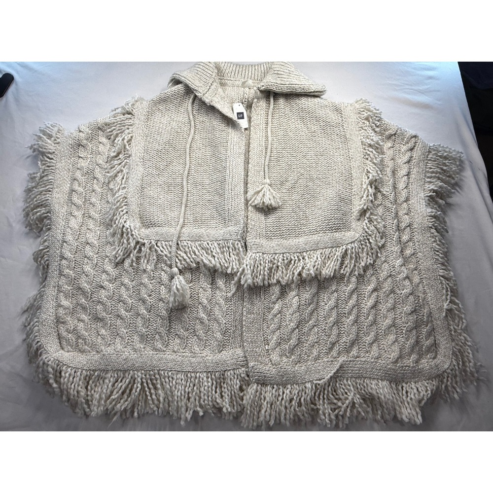 Gap Womens Cable Knit Hooded Poncho Fringe Trim Cream Ivory Heavy Wrap NWT